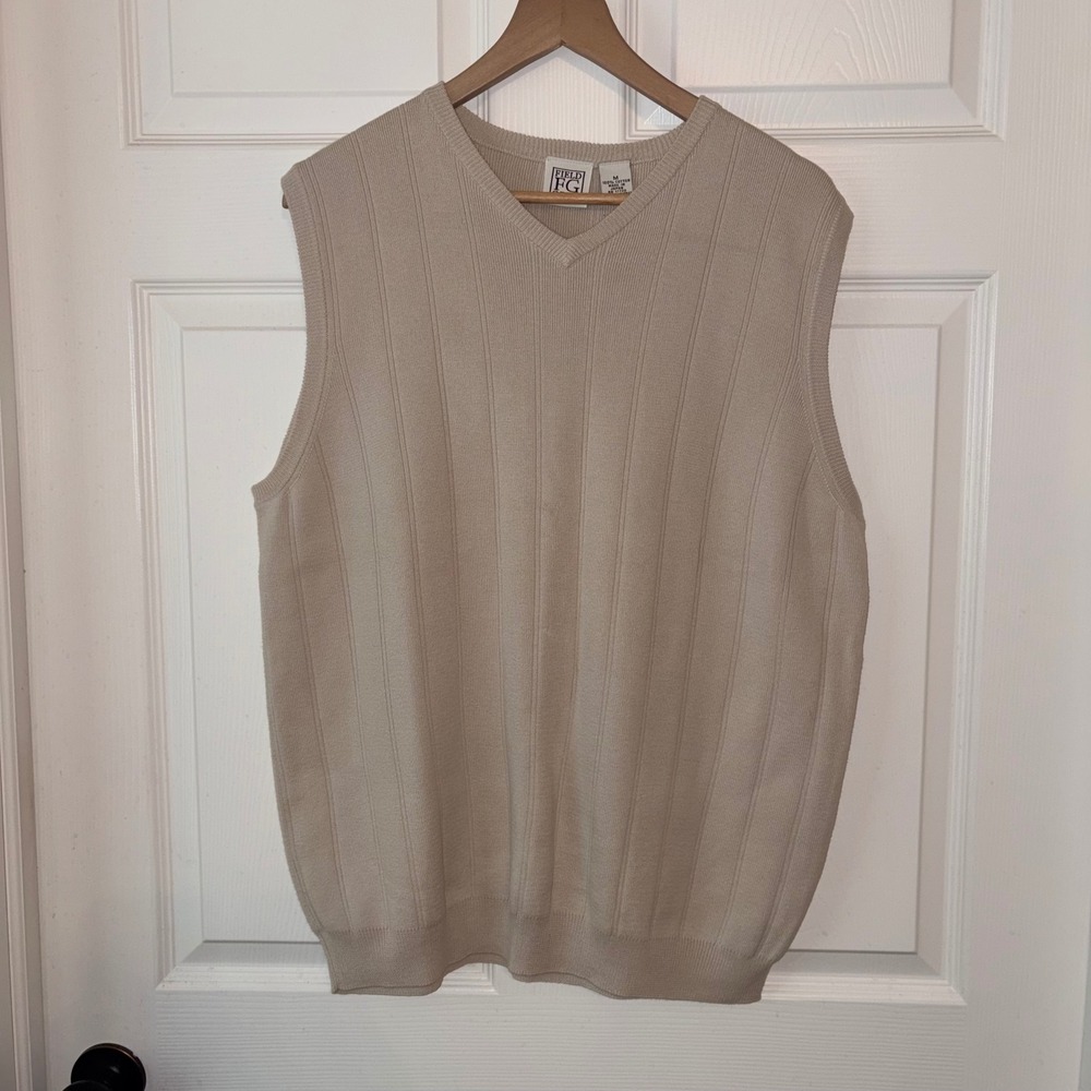 Field Gear Mens Beige Ribbed‎ V-Neck Sweater Vest 100% Cotton Medium